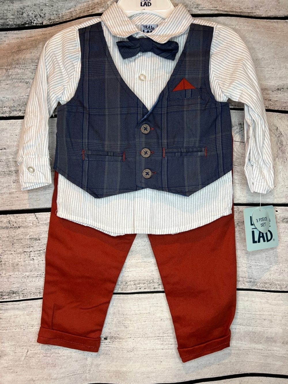 Little Lad Blue Plaid Vest & Bunt Orange Pant & White Shirt 3-Piece Boys Set